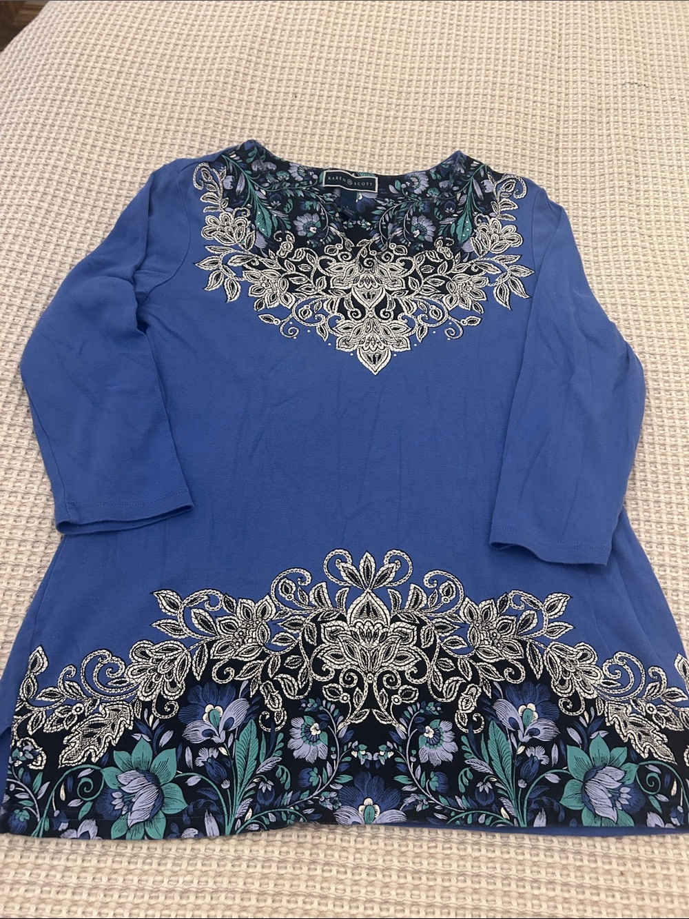 Karen Scott Royal Blue Embroidered Floral Tunic